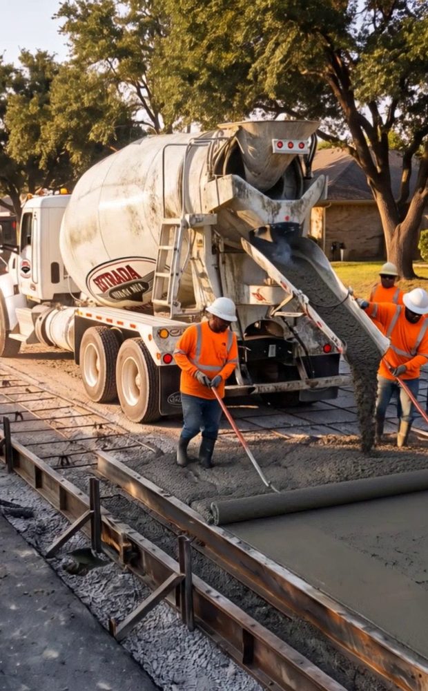 Crew screeding a new concrete street poured from an Estrada Ready Mix truck
