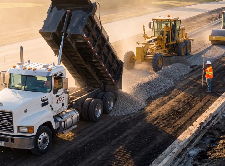 ERC dump truck 9601 spreading flex base ahead of a motor grader