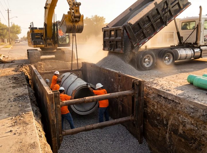 Pipe layers setting a storm drain pipe in a trench box while an ERC truck drops embedment rock