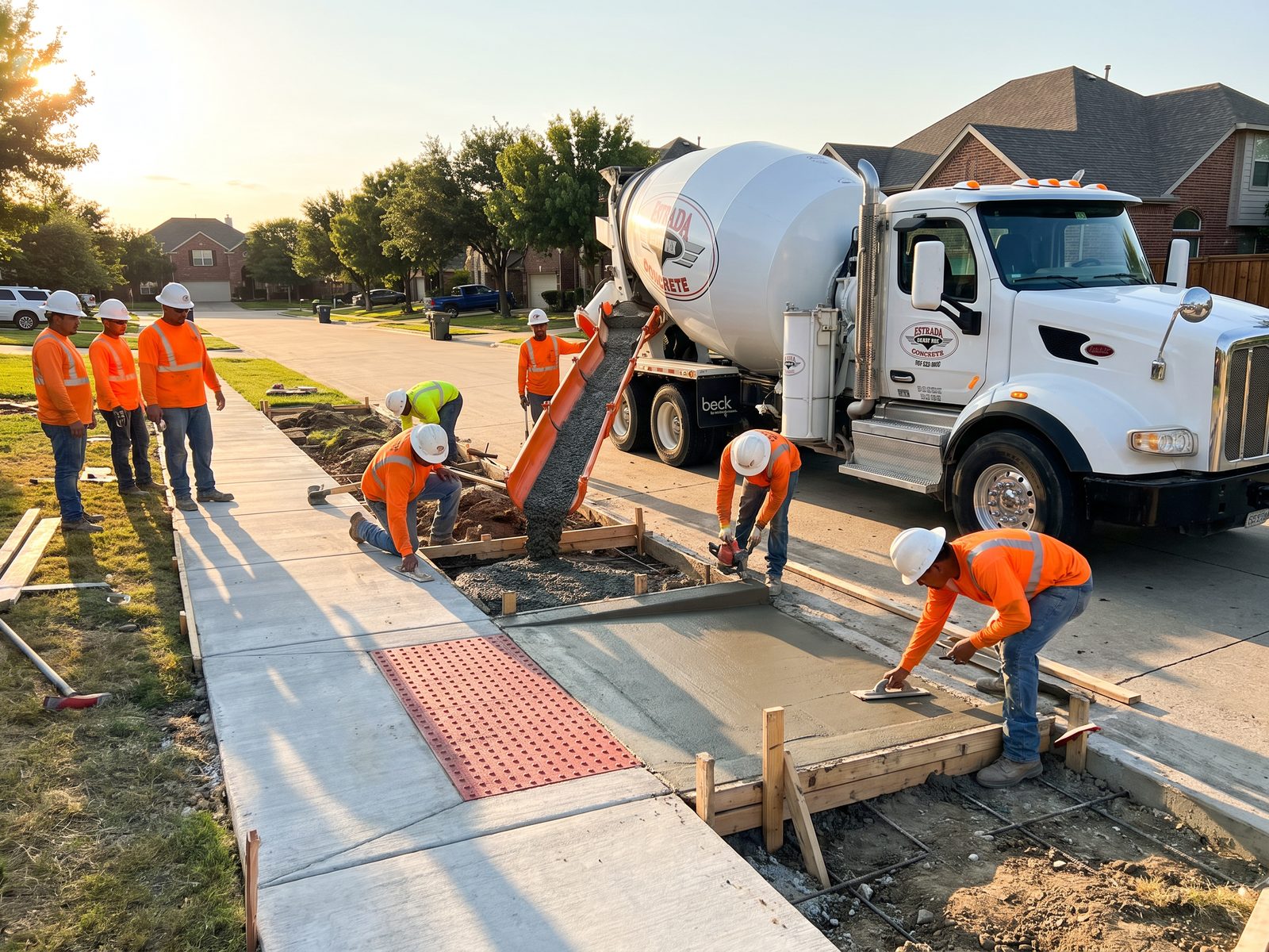 Crew finishing a new sidewalk and ADA ramp poured from an Estrada Ready Mix truck beside a curb inlet