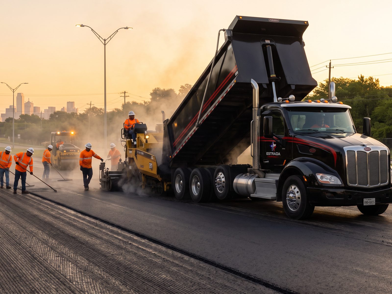 Estrada Concrete resurfacing crew paving a mill-and-overlay with hot-mix from Estrada Asphalt