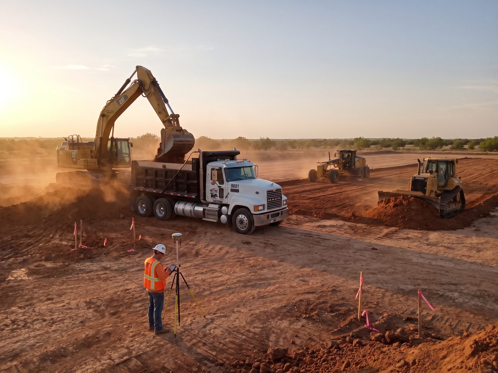 Excavator loading an ERC dump truck during mass grading while a surveyor checks grade
