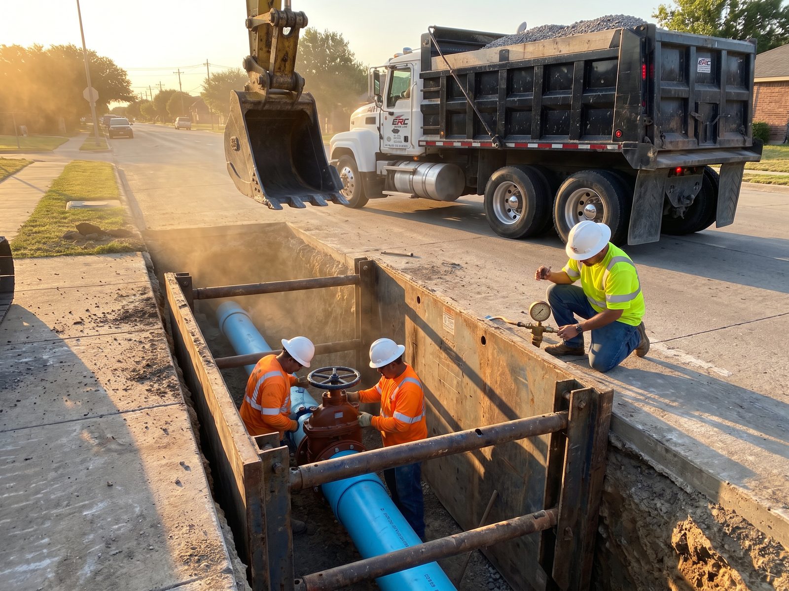 Pipe crew tying in a water main and gate valve inside a trench box, with an ERC dump truck waiting with embedment rock