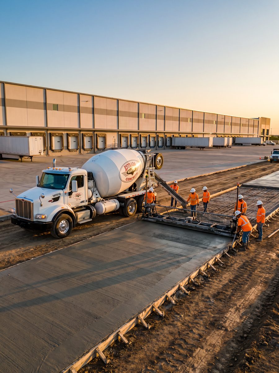 Heavy-duty concrete truck court being placed at a distribution warehouse