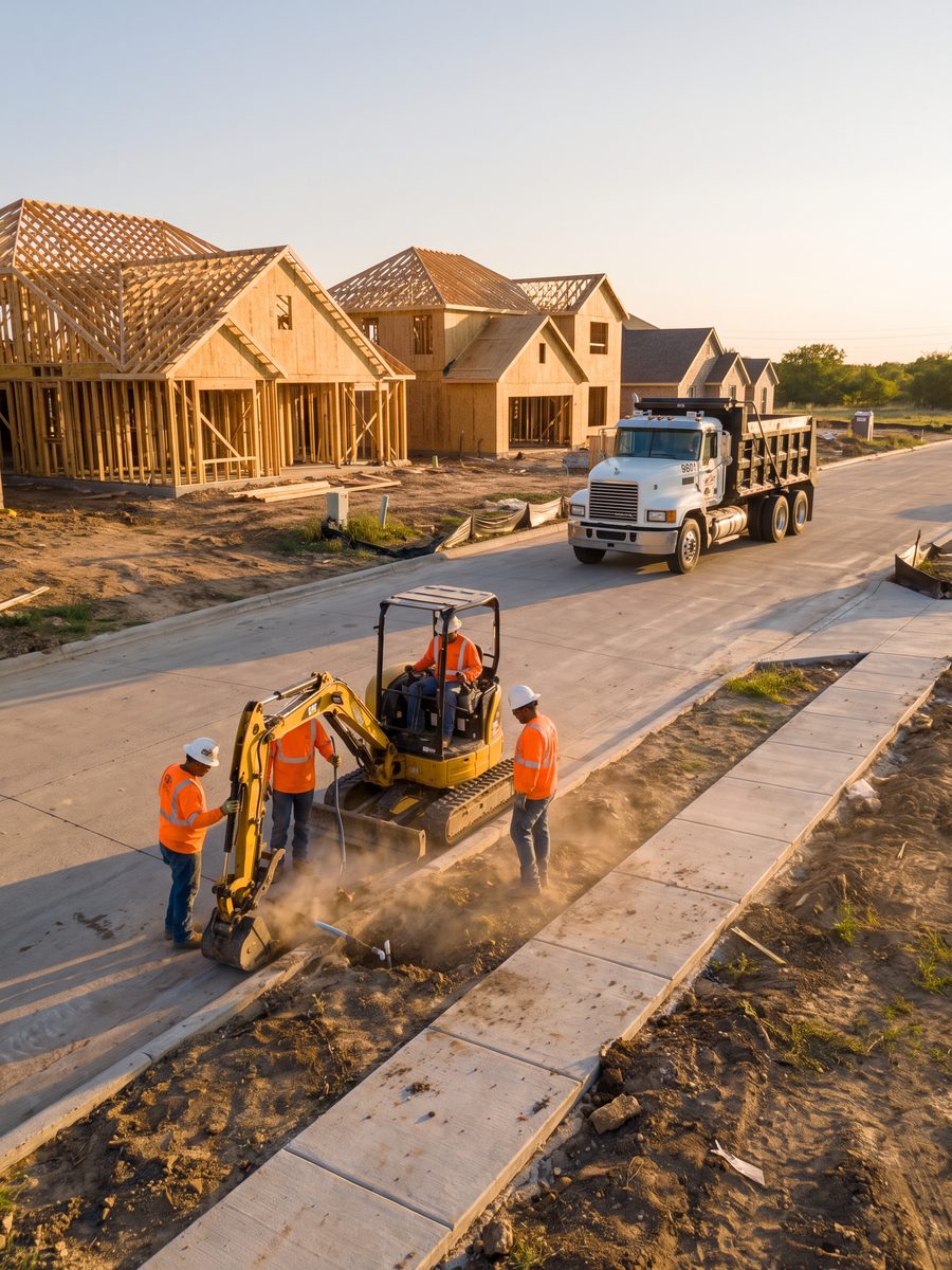 Subdivision street with new homes and a crew installing a water service tie-in