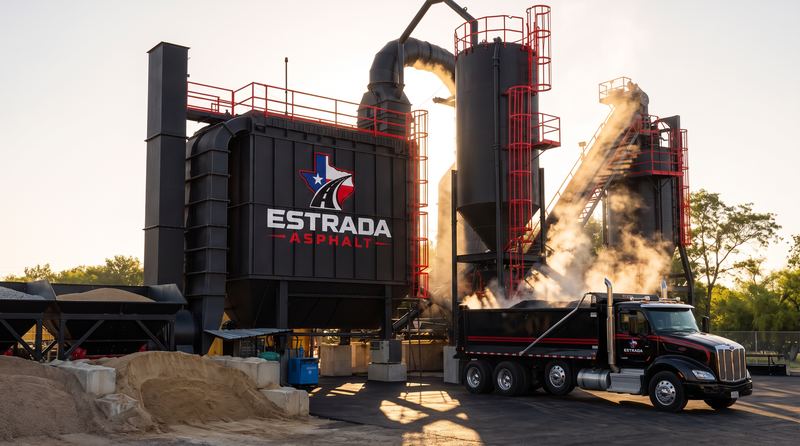 Black Estrada Asphalt truck loading hot mix under the plant silo