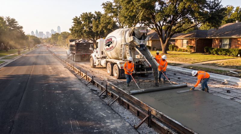 Estrada Concrete crew screeding a new concrete street poured from an Estrada Ready Mix truck