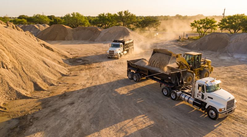 Loader filling a white ERC Mack end-dump with crushed limestone